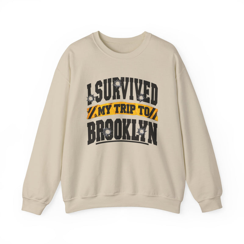 Sweatshirt with collegiate lettering reading I SURVIVED MY TRIP TO BROOKLYN, front view.