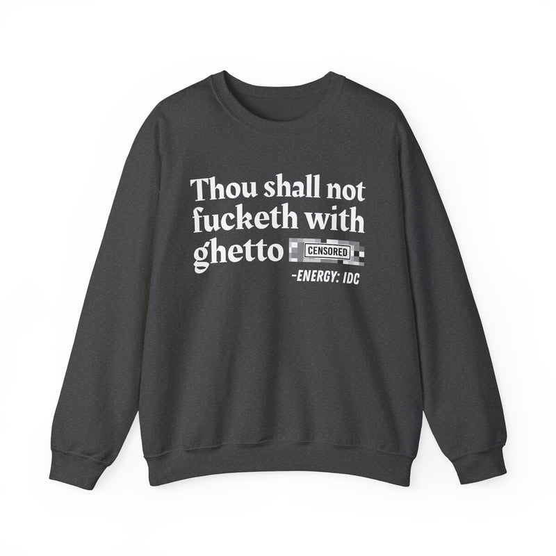 T-Shirt with text design reading “THOU SHALL NOT FUCKETH WITH GHETTO CENSORED BITCH VINTAGE FUNNY BIBLE PRINT SLOGAN T-SHIRT V2”, front view
