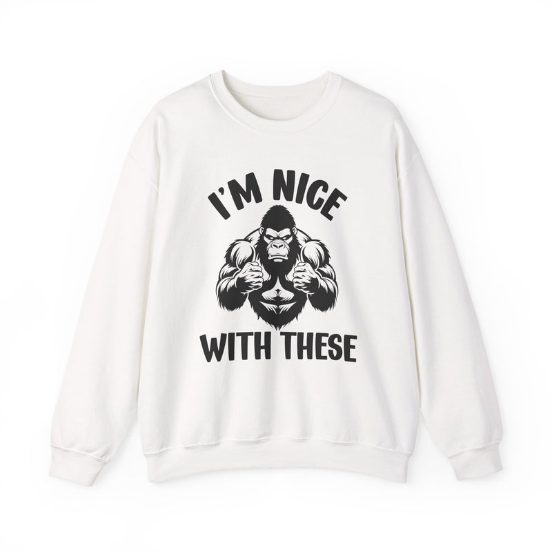 I'm Nice With These — Sweatshirt fabric detail close-up: I'M NICE WITH THESE in bold statement lettering. Street Talk Designs sports statement apparel.