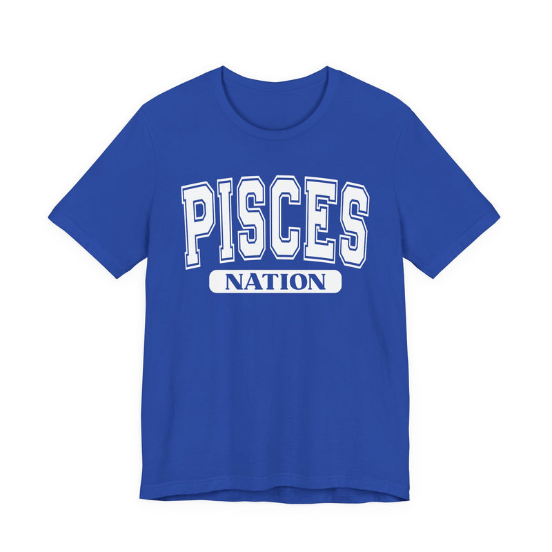 Royal blue T-shirt with white arched collegiate PISCES lettering and boxed NATION print, front view.