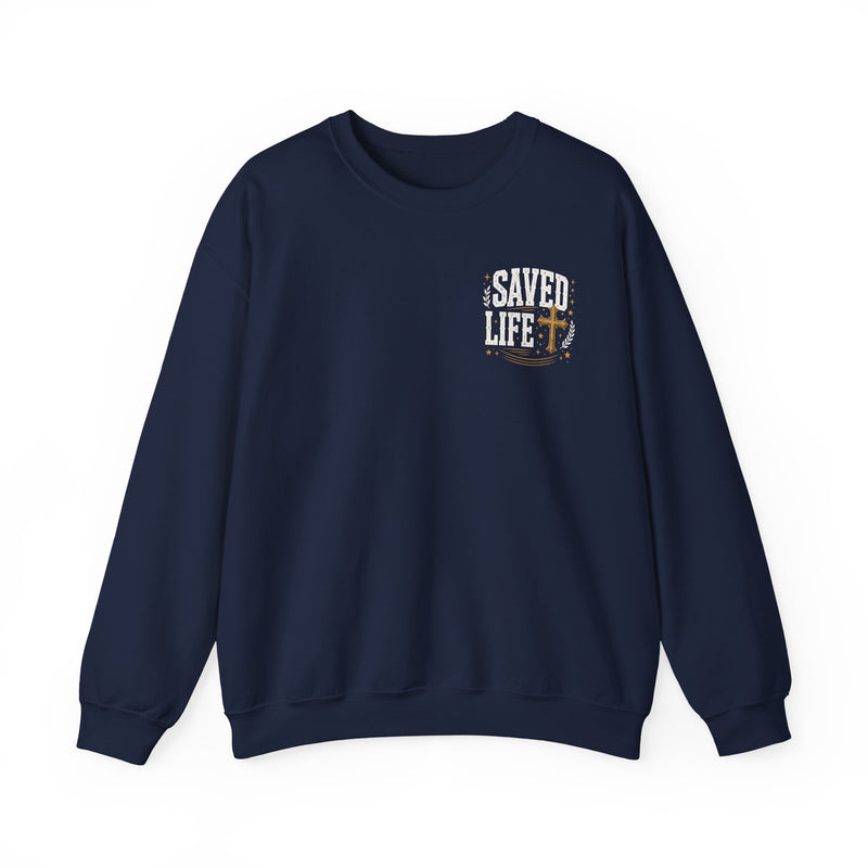 Sweatshirt with text design reading “I'M ABOUT THAT SAVED LIFE”, front view
