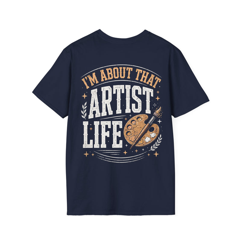 Navy t-shirt with white and gold western lettering reading "I'M ABOUT THAT ARTIST LIFE", back flat-lay view.