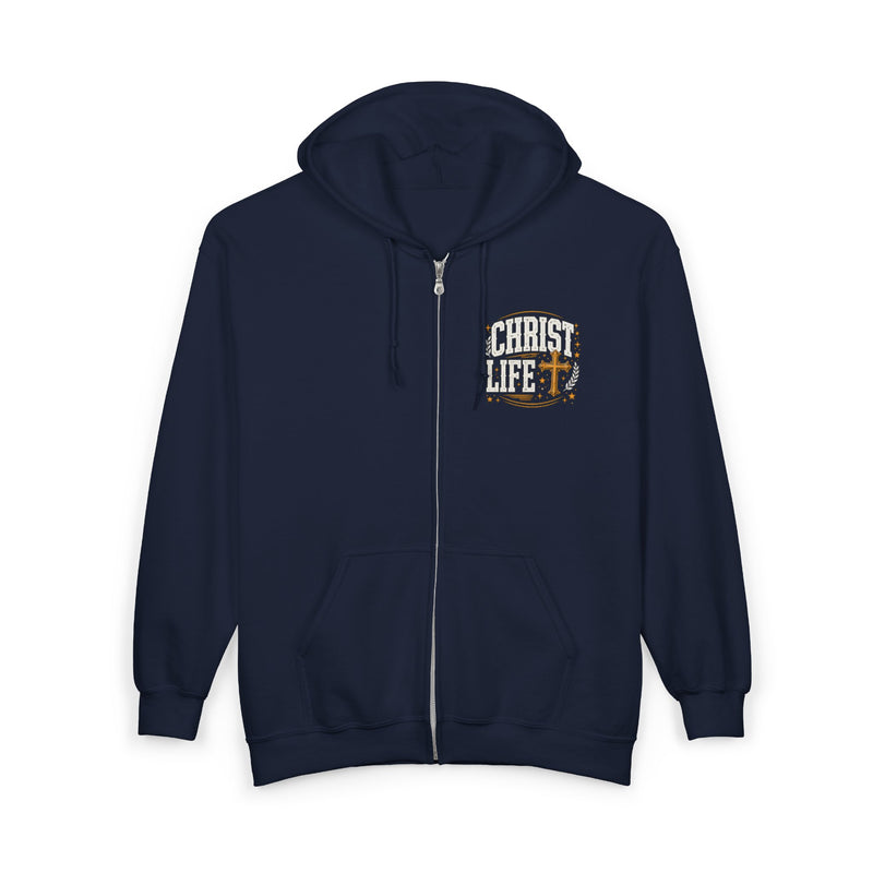 Zip Hoodie with text design reading “I'M ABOUT THAT CHRIST LIFE”, front view