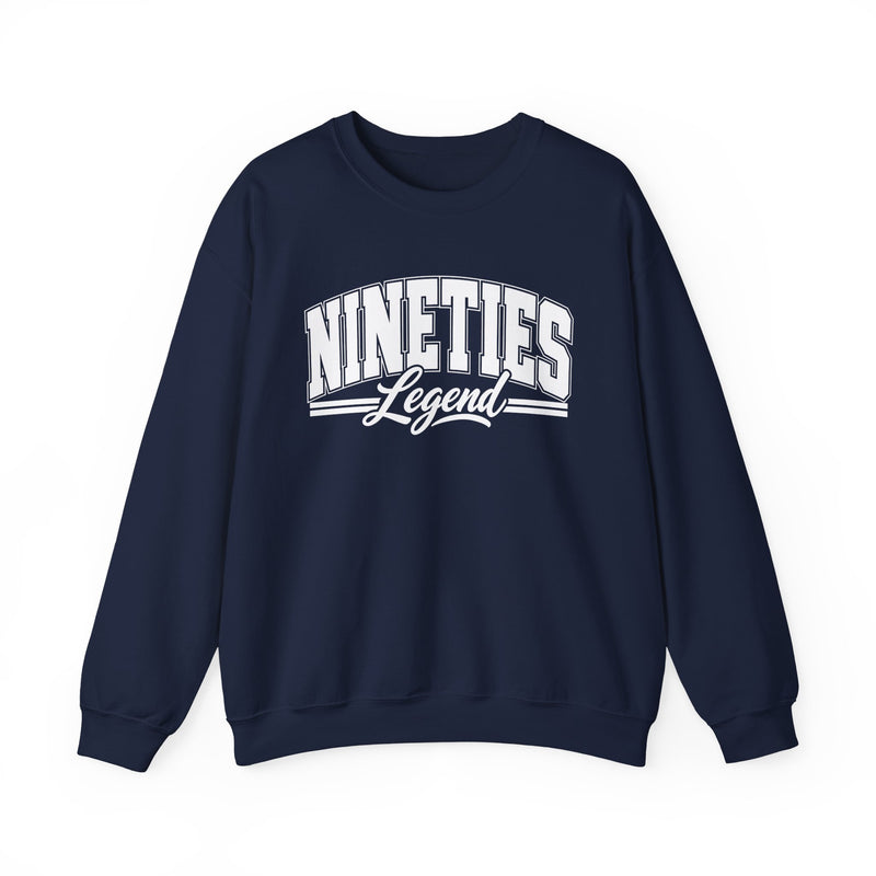 Sweatshirt with bold lettering reading NINETIES LEGEND, product view.