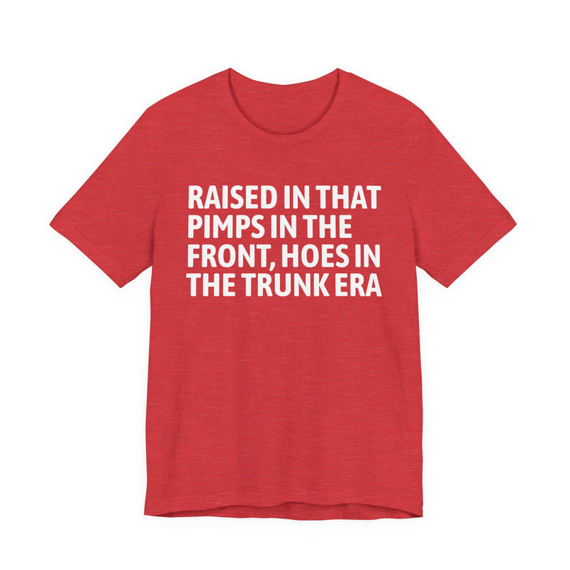 Raised In That Pimps In The Front Hoes In The Trunk Era — Funny Back In The Day Statement T-Shirt