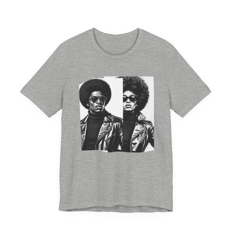 Sport grey t-shirt featuring a 70s-style portrait design, flat-lay view.