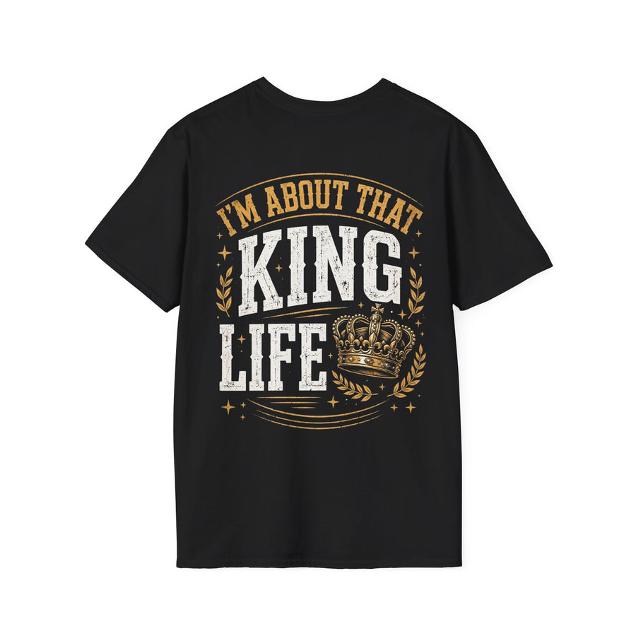 Black t-shirt with multicolor retro I'M ABOUT THAT KING LIFE lettering and crown graphic, front view.