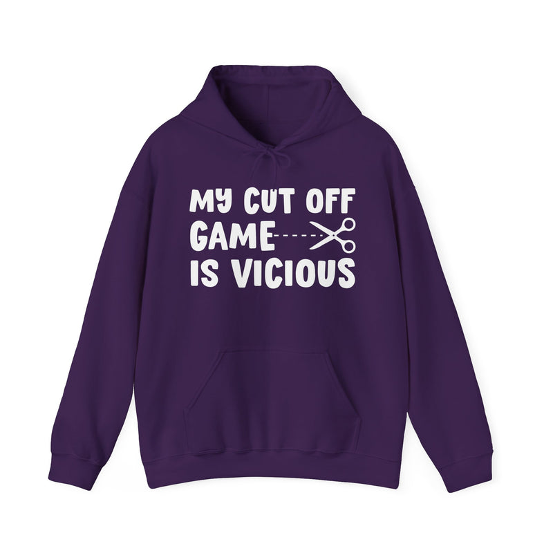 Charcoal hoodie with white collegiate lettering reading MY CUTOFF GAME IS VICIOUS, flat-lay view.