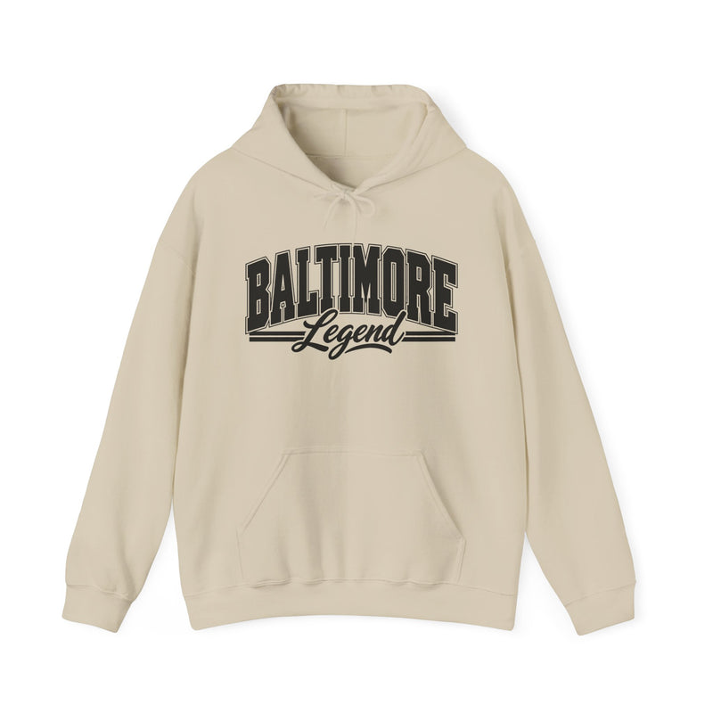 Hoodie product with collegiate lettering reading BALTIMORE LEGEND, detail close-up.