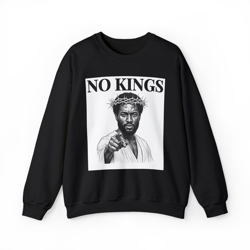 Sweatshirt with printed lettering reading NO KINGS (BLACK JESUS), front view