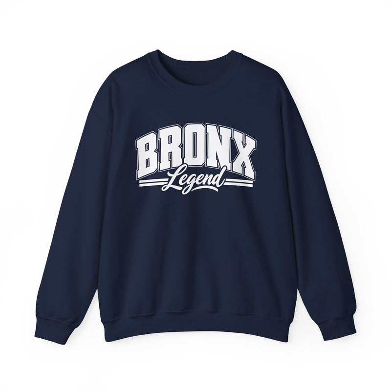 Sweatshirt product photo with arched collegiate block lettering reading "BRONX" with the word "Legend" in script beneath, front view.