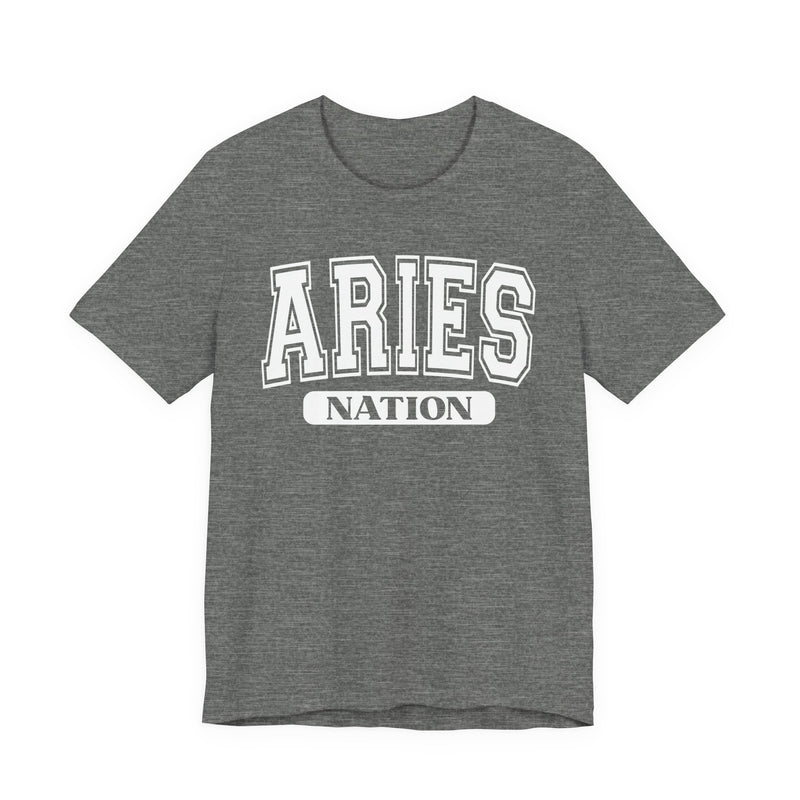 Dark Grey Heather t-shirt with white arched collegiate ARIES lettering and boxed NATION banner, front view.