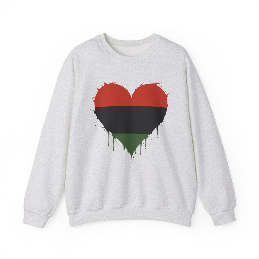 White sweatshirt with a distressed paint-drip heart with red, black, and green stripes, front view.