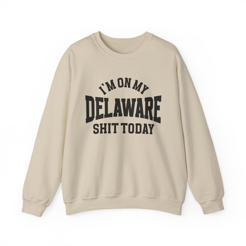 Sweatshirt with collegiate lettering reading I'M ON MY DELAWARE SHIT TODAY, front view.
