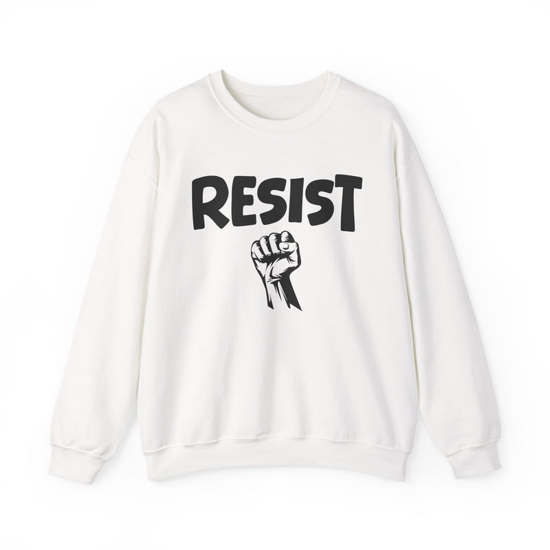 White sweatshirt with black lettering reading "RESIST", front flat-lay view.