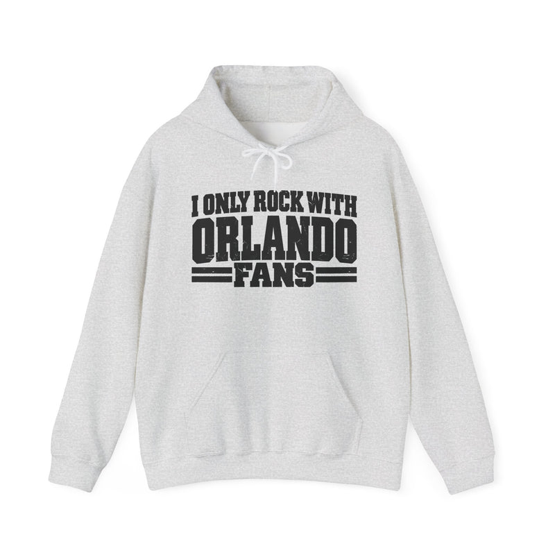 I Only Rock With Orlando Fans — Hoodie fabric detail close-up: I ONLY ROCK WITH ORLANDO FANS in bold statement lettering. Street Talk Designs sports statement apparel.