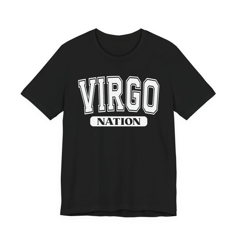 Black t-shirt with white arched collegiate VIRGO lettering over a NATION banner, front view.