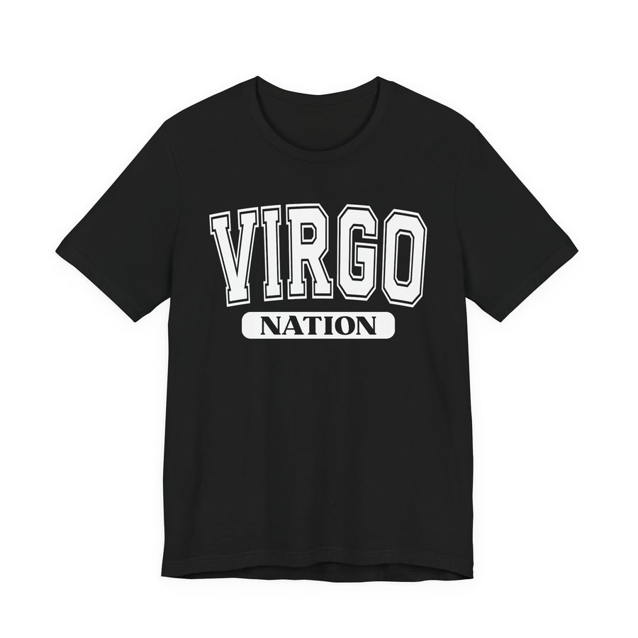 Black t-shirt with white arched collegiate VIRGO lettering over a NATION banner, front view.