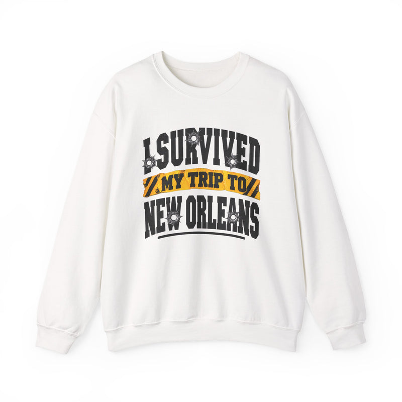 Sweatshirt product with collegiate lettering reading I SURVIVED MY TRIP TO NEW ORLEANS, alternate view.