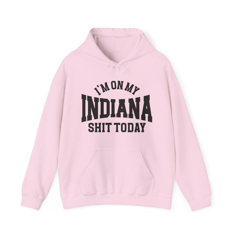 Hoodie with collegiate lettering reading I'M ON MY INDIANA SHIT TODAY, front view.