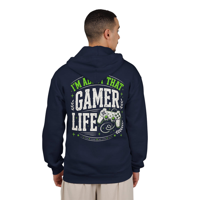 Navy zip hoodie with white and green bubble lettering reading I'M ABOUT THAT GAMER LIFE, back.