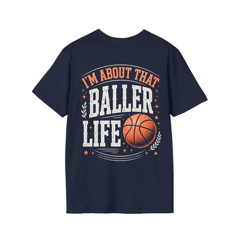 Navy t-shirt with white and orange lettering reading "I'M ABOUT THAT BALLER LIFE", back view.