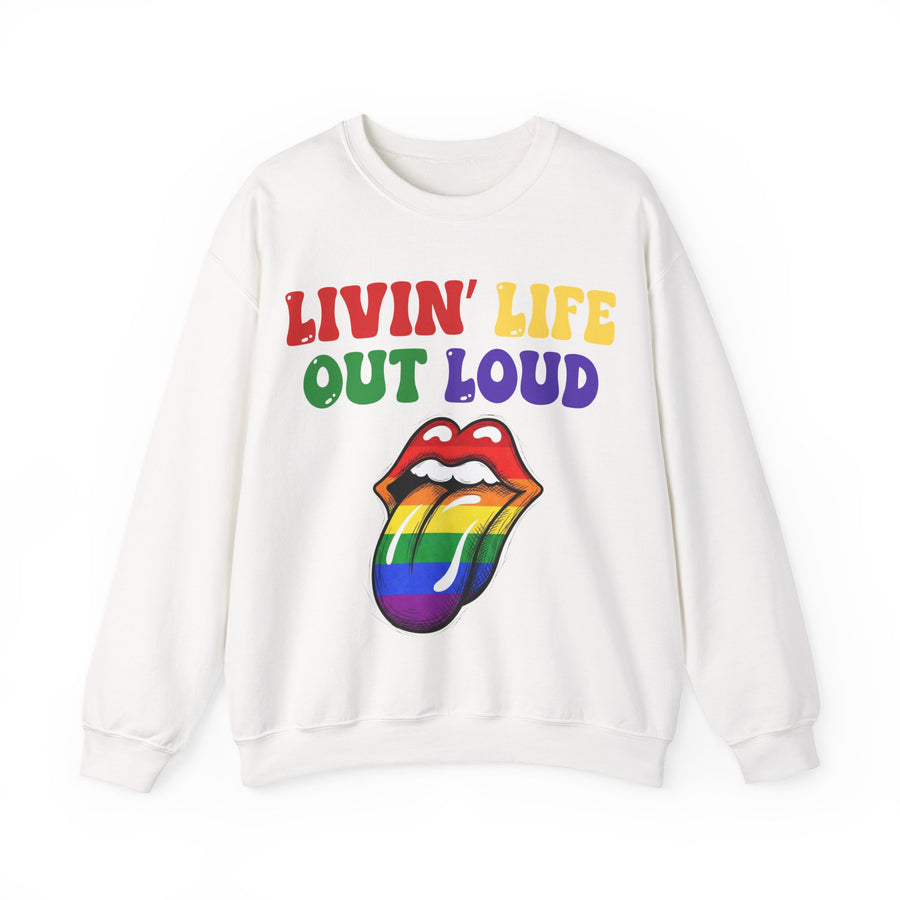 White sweatshirt with rainbow bubble lettering reading LIVIN' LIFE OUT LOUD, front view.