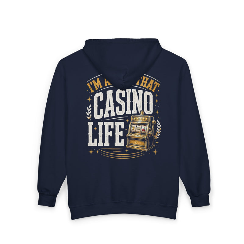 Navy zip hoodie with white and gold bubble lettering reading I'M ABOUT THAT CASINO LIFE, back.