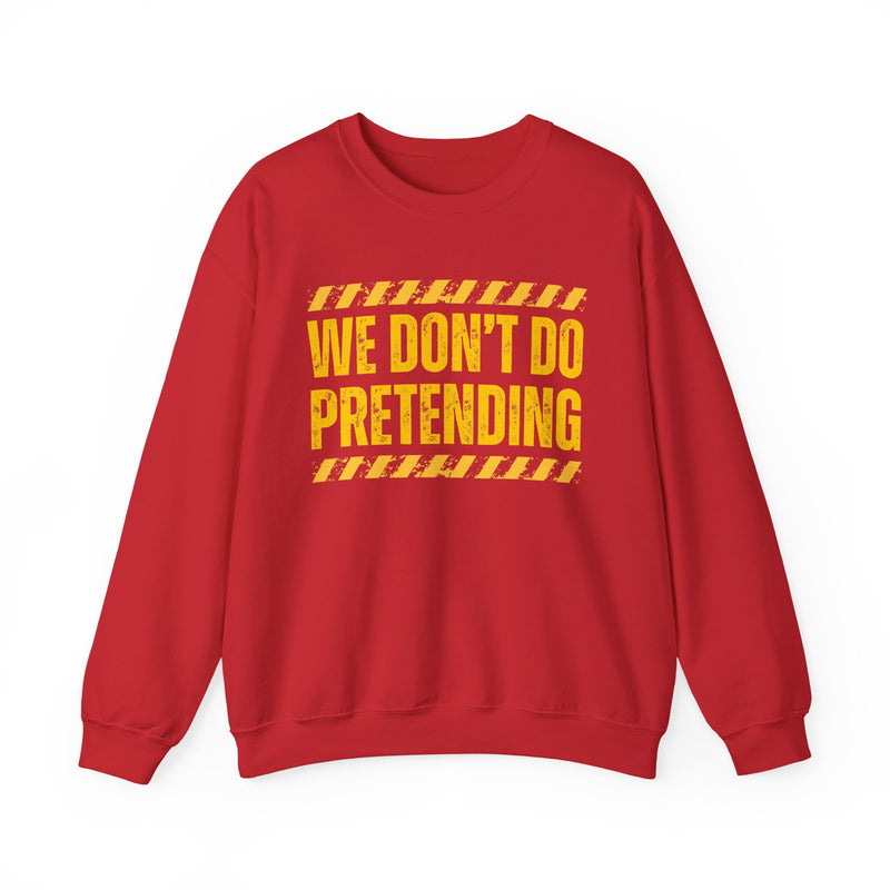 Navy sweatshirt with yellow bubble lettering reading WE DON'T DO PRETENDING, alternate view.
