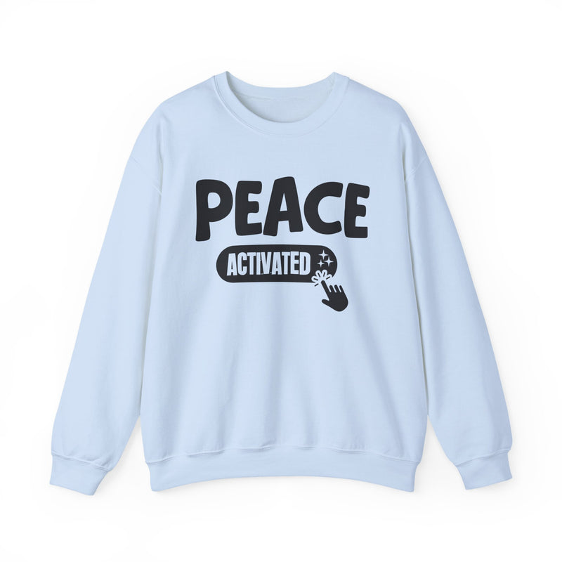 Sweatshirt in Light Blue with lettering reading "PEACE ACTIVATED", front view.