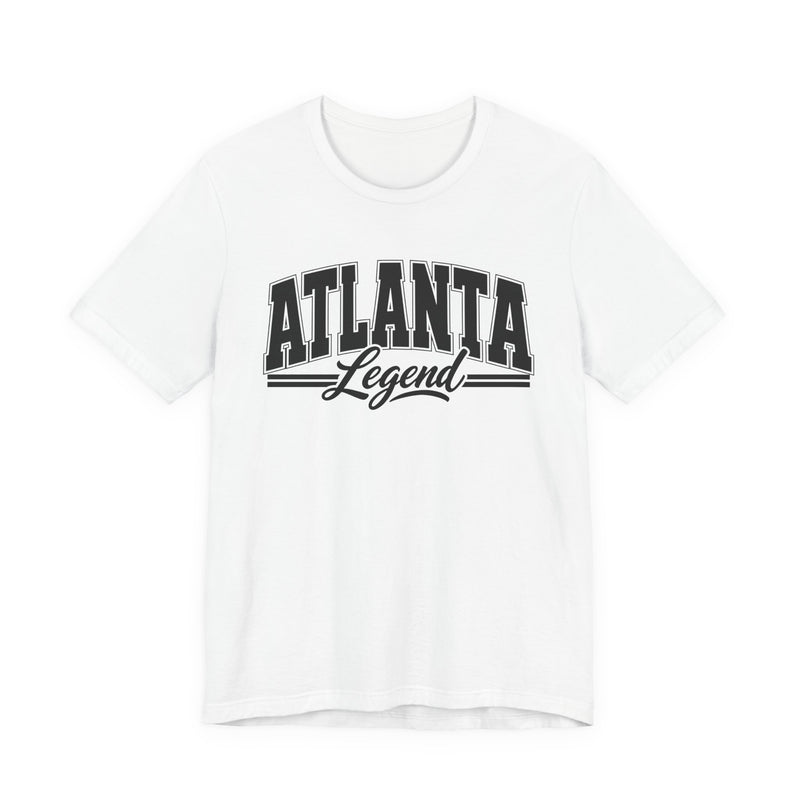 Black t-shirt with white varsity block and script lettering reading ATLANTA LEGEND, front flat-lay view.