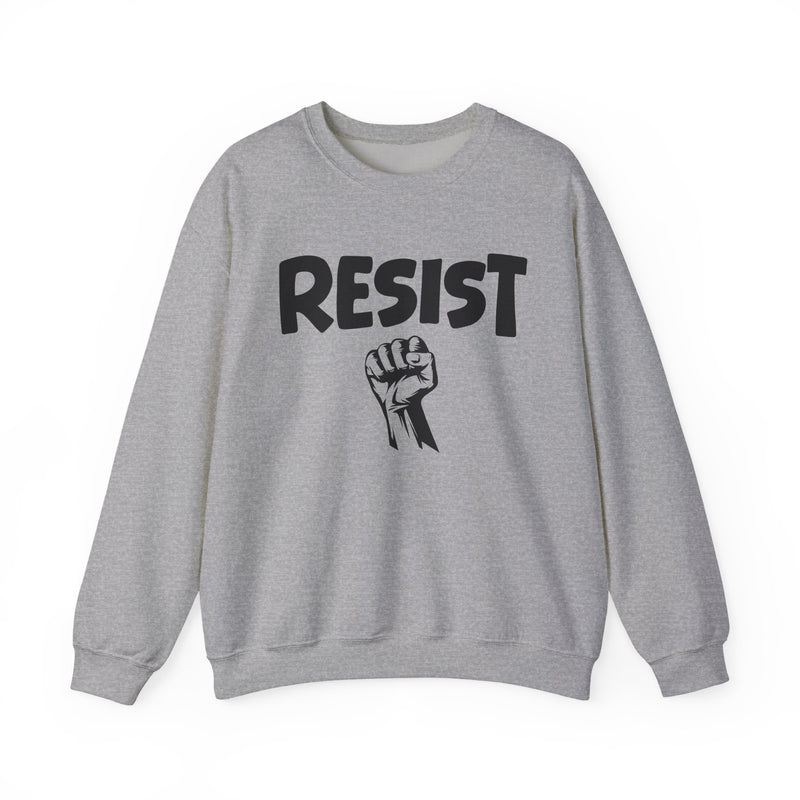Gray sweatshirt with black lettering reading "RESIST", front flat-lay view.
