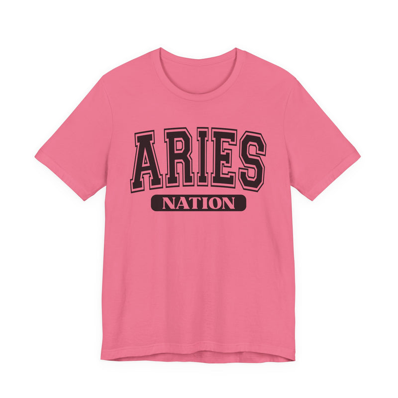 Charity Pink t-shirt with white arched collegiate ARIES lettering and boxed NATION banner, front view.