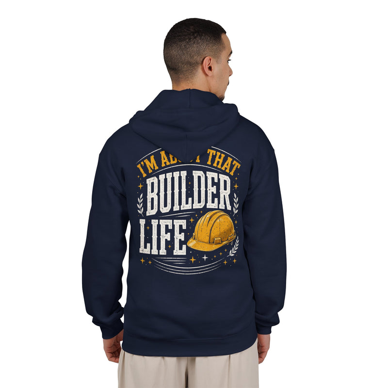 Navy zip hoodie with small I'M ABOUT THAT BUILDER LIFE chest emblem, alternate view.
