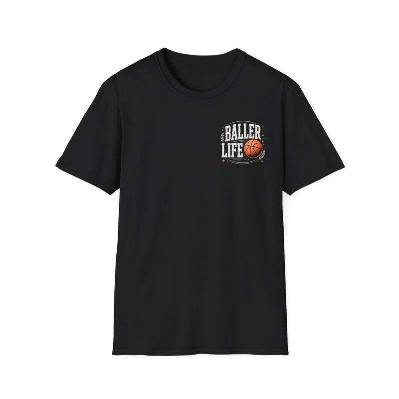 Black t-shirt with small white and orange "BALLER LIFE" chest logo, front flat-lay view.