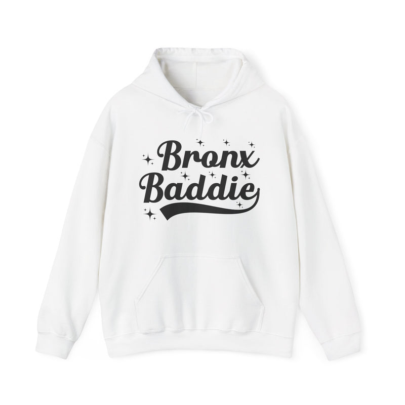 Sport grey hoodie with white bold statement lettering reading BRONX BEAUTY, front flat-lay view.