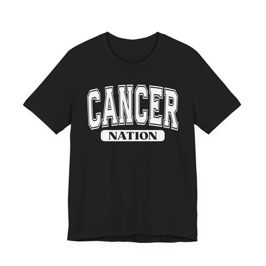 Black t-shirt with white arched CANCER collegiate lettering over a black NATION pill badge, front flat-lay view.