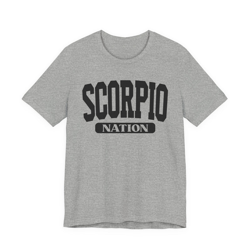 Athletic Heather t-shirt with black arched collegiate SCORPIO lettering over a NATION banner, front view.