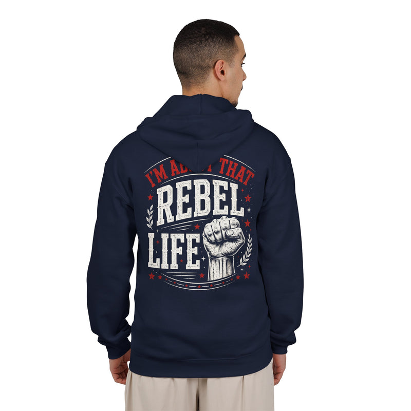 Navy zip hoodie with white and red western lettering reading "I'M ABOUT THAT REBEL LIFE", back worn view.