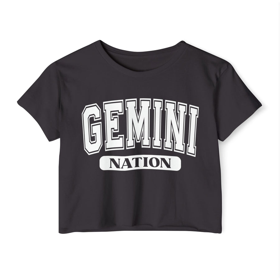 Charcoal crop top with white arched GEMINI lettering and NATION bar print, front flat-lay view.