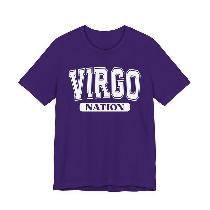 Team Purple t-shirt with white arched collegiate VIRGO lettering over a NATION banner, front view.