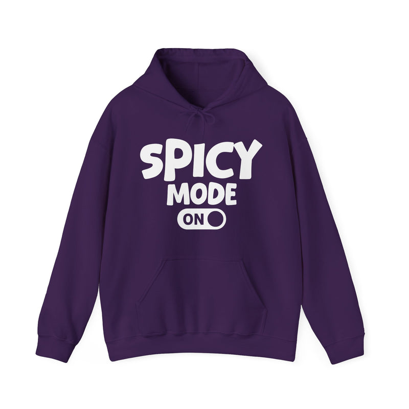 Charcoal hoodie with white bold distressed lettering reading SPICY MODE ON, flat-lay view.