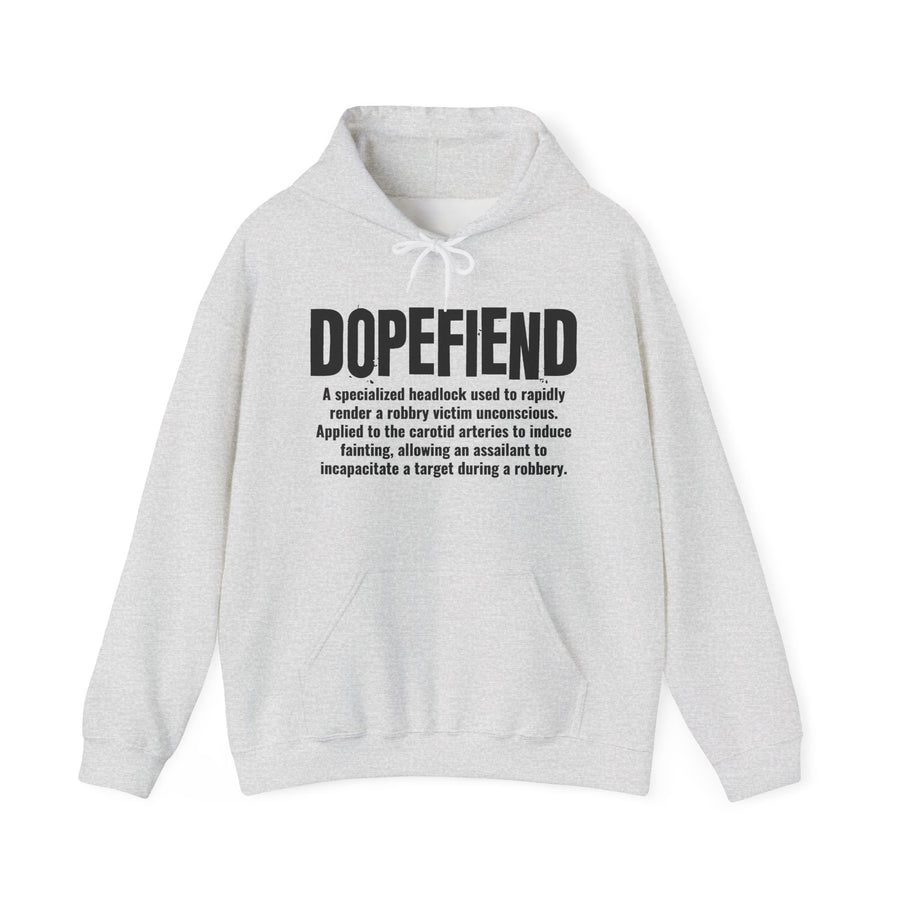 Ash hoodie with black block lettering reading DOPEFIEND, definition text print, front view.
