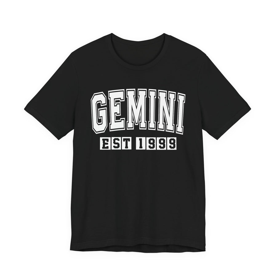 Black t-shirt with white arched GEMINI lettering and boxed EST 1999 print, front view.