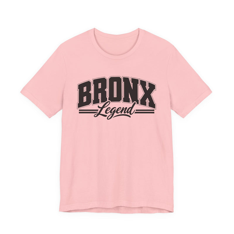 T-Shirt product photo with arched collegiate block lettering reading "BRONX" with the word "Legend" in script beneath, front view.