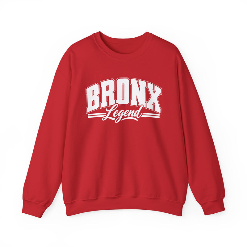 Sweatshirt product photo with arched collegiate block lettering reading "BRONX" with the word "Legend" in script beneath, front view.