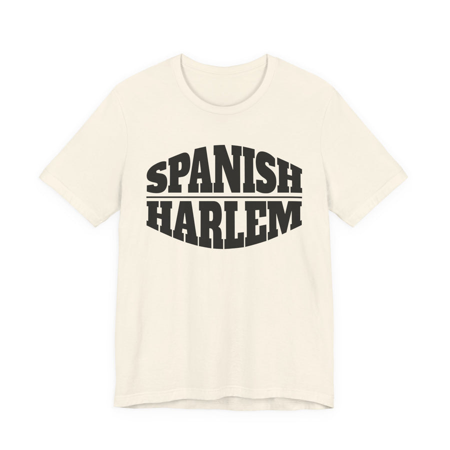 Soft Cream T-shirt with black SPANISH HARLEM collegiate graphic print — SPANISH arched over a divider line above straight HARLEM, front view.
