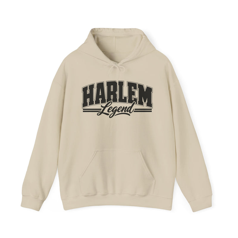 Hoodie product with collegiate lettering reading HARLEM LEGEND, detail close-up.
