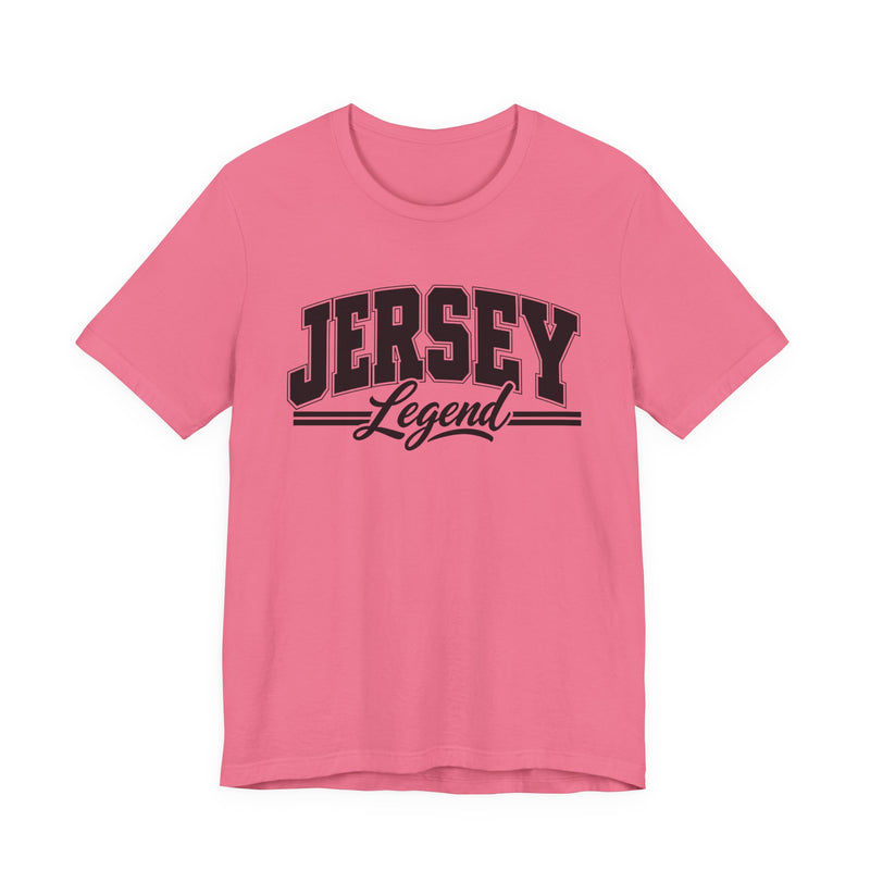 T-Shirt product photo with arched collegiate block lettering reading "JERSEY" with the word "Legend" in script beneath, front view.