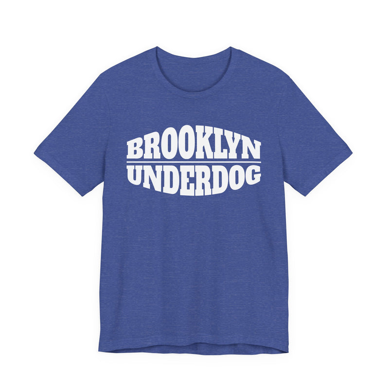 Heather True Royal T-shirt with white arched BROOKLYN and inverted-arch UNDERDOG collegiate print, front flat-lay view